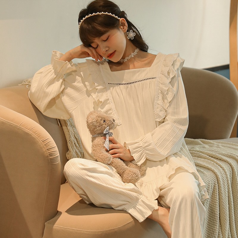 Pajama women's spring, autumn and winter long-sleeved and long-pants set, Korean style court style sweet princess style cotton women's home wear details Picture