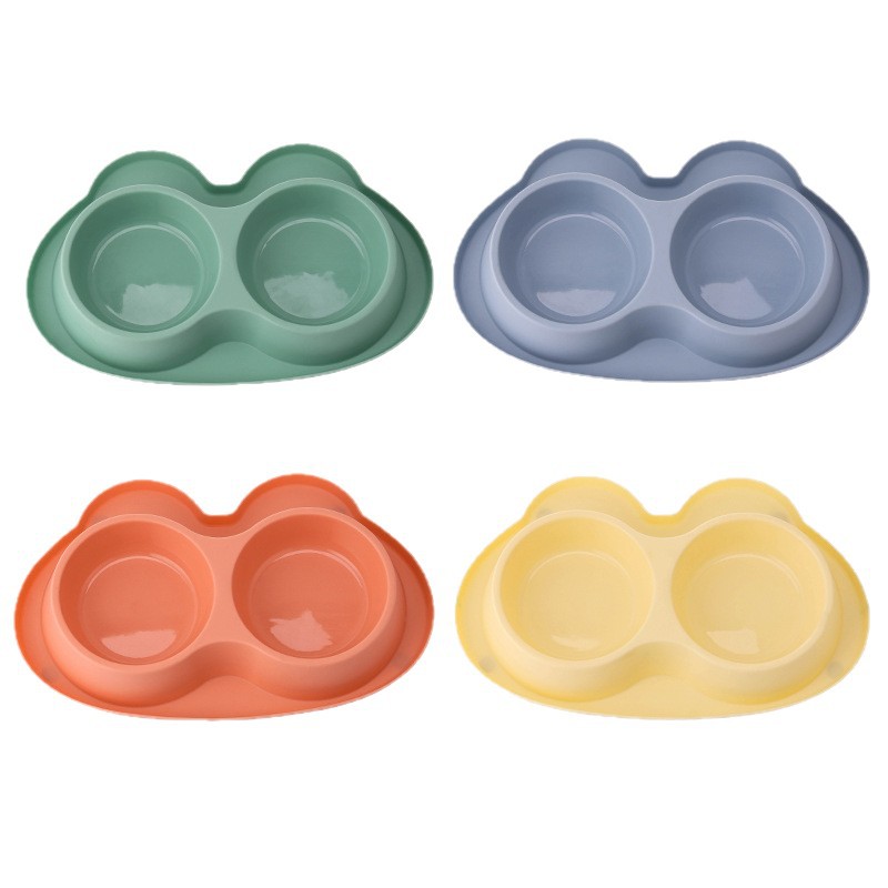 Candy-colored new rabbit head pet dog bowl in stock, double-bowl dog and cat food bowl with compartments, anti-slip dog food set Item Picture