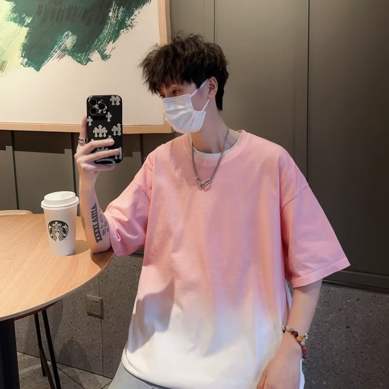 渐变色T恤男夏季纯棉宽松休闲圆领短袖潮牌潮流情侣五分袖上衣