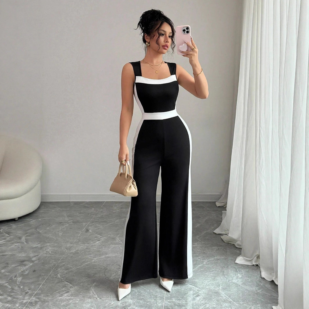Cross-border European and American women's clothing 2025 Women's Spring and Summer vacation style European and American style two-color sleeveless wide-leg jumpsuit