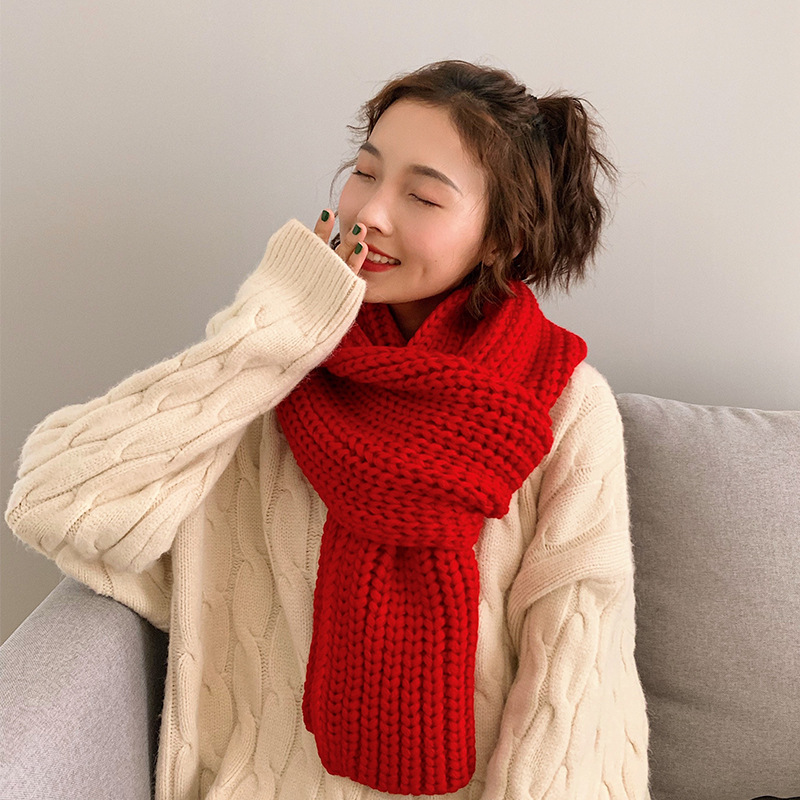 Scarf Female Autumn And Winter Korean Version Of All Students Winter Knitted Wool Solid Color Little Ladies Thick Warm Bib Male details Picture