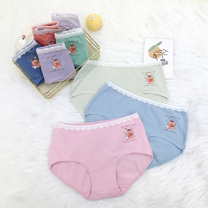 New cartoon cotton block girls in the middle of the waist breathable women's triangle underwear printed lace waist head underwear wholesale details Picture