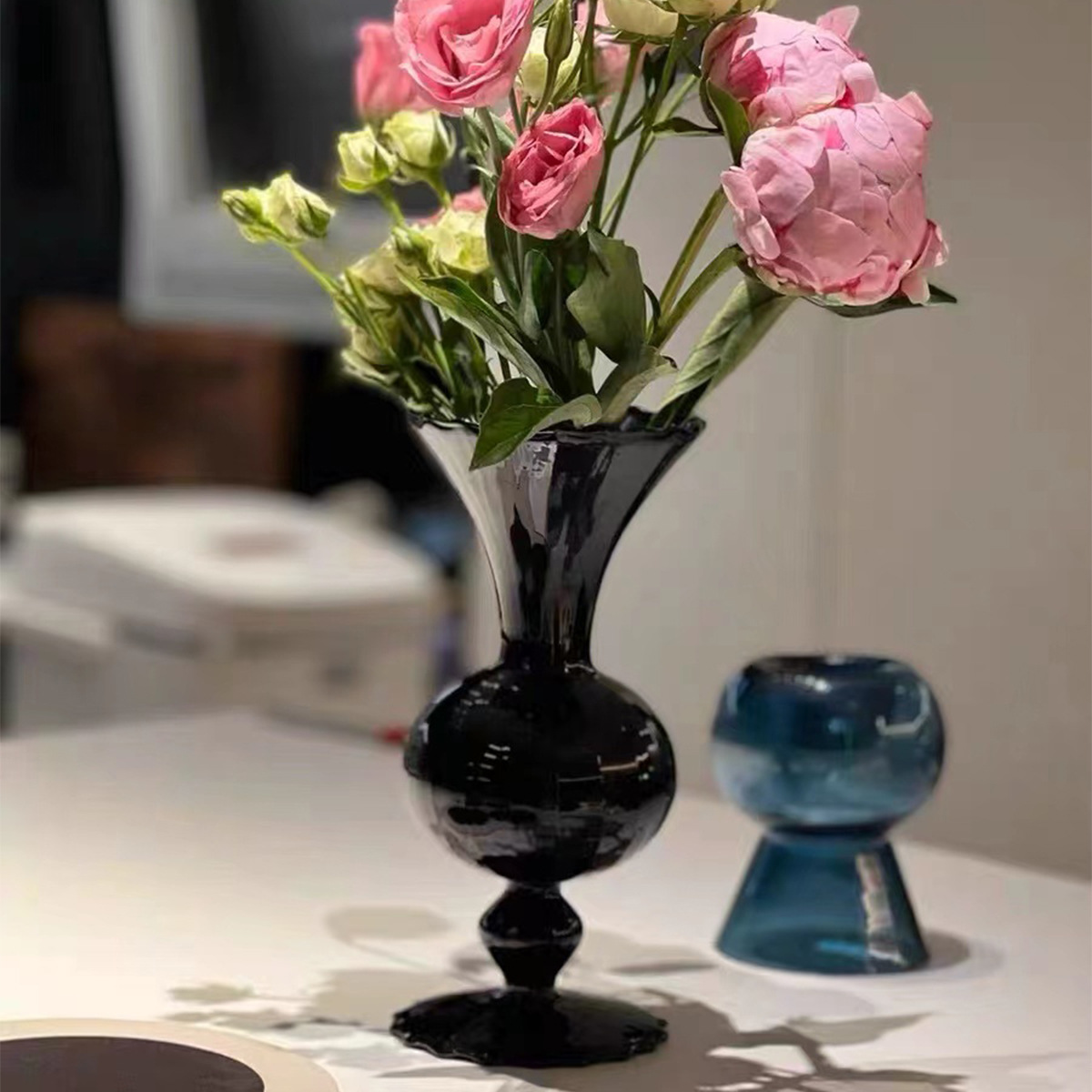 欧式复古中古黑玻璃花瓶客厅卧室干花插花瓶水养植物养玻璃花瓶