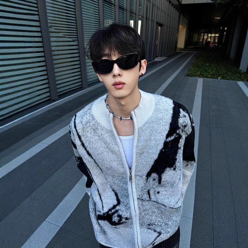 American tie-dyed cardigan sweater for men's autumn and winter, cleanfit high-end jacket, laid-back style knitted sweater coat Specification image