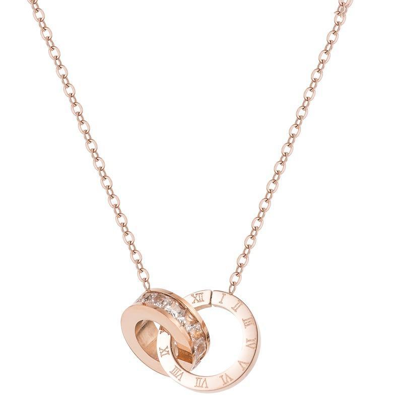 A best-selling titanium steel Roman double ring necklace on Douyin that doesn't fade, with 18K rose gold chain plating Item Picture