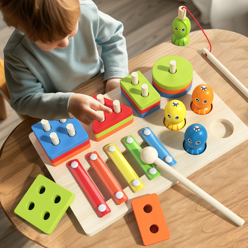 A new type of fishing trap column three-in-one geometric shape column set is a wooden toy for early education of boys and girls in kindergartens Application Scenario