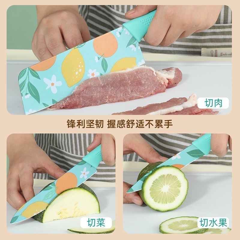 Printed orange stainless steel knife with blue handle, thickened and sharp kitchen tools for cutting vegetables and slicing, gift set Specification image