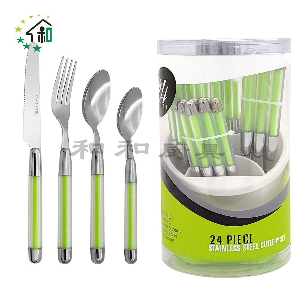 Foreign Trade Plastic Handle Stainless Steel Tableware Cylindrical Grid Handle 24-Piece Gift Box Steak Western Food Knife, Fork And Spoon Four Grid Basket Item Picture