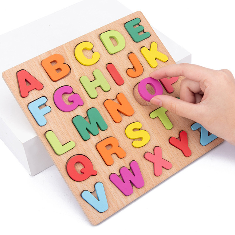 字母拼图立体数字板儿童益智几何形状配对积木手抓板木质玩具批发详情图3