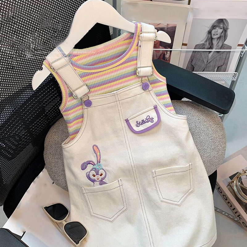 The summer chic children's shoulder dress set, a Korean version of a baby girl's two-piece summer outfit, is trendy and fashionable