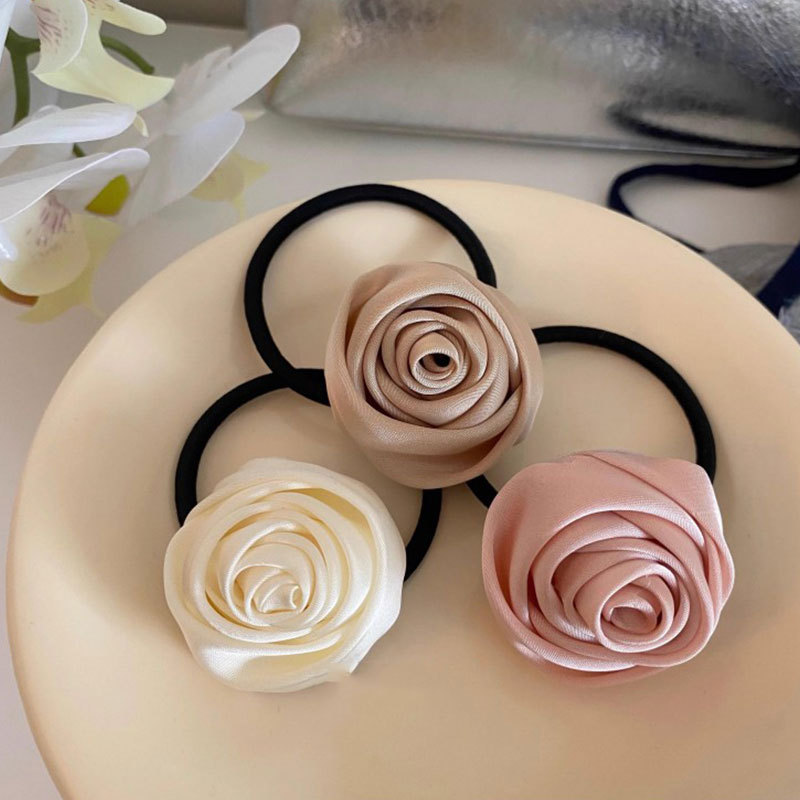Satin rose flower hair band and hair tie with a high-end feminine look, ins retro super fairy leather band, Korean-style hair accessory, ponytail hair tie details Picture
