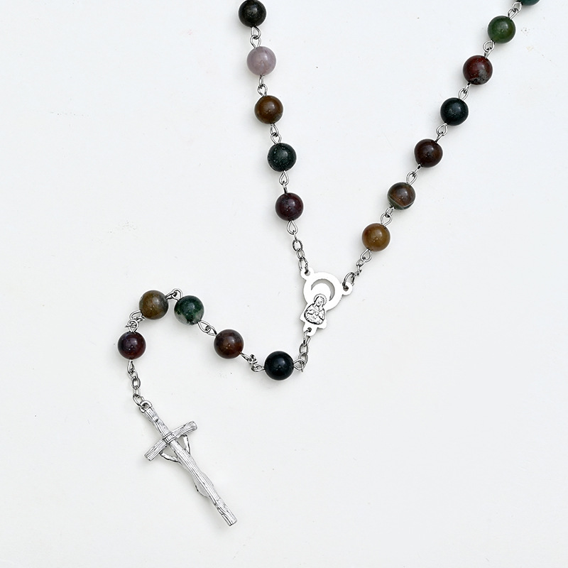 Foreign trade Saint Benedict Cross necklace, gradient rosine cross jewelry, handcrafted curved needle sweater chain, round bead chain Application Scenario
