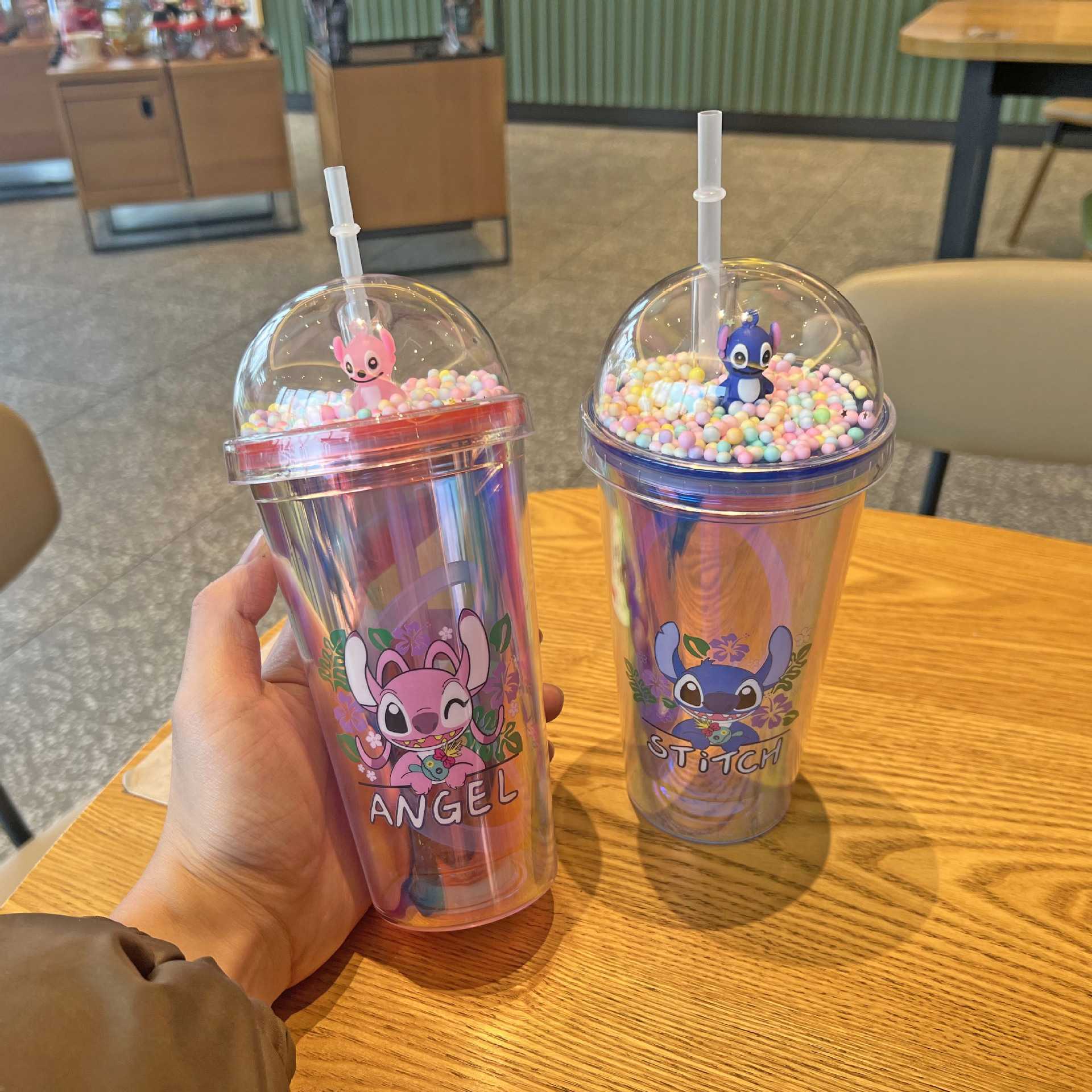 跨境新款镭射史迪仔水杯批发双层塑料杯网红微景观卡通吸管杯冰杯
