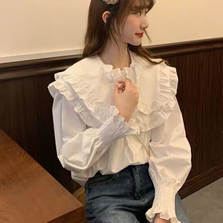 Lace-trimmed doll collar white shirt Spring/Autumn 2023 new design sense niche shirt, laid-back style top Application Scenario