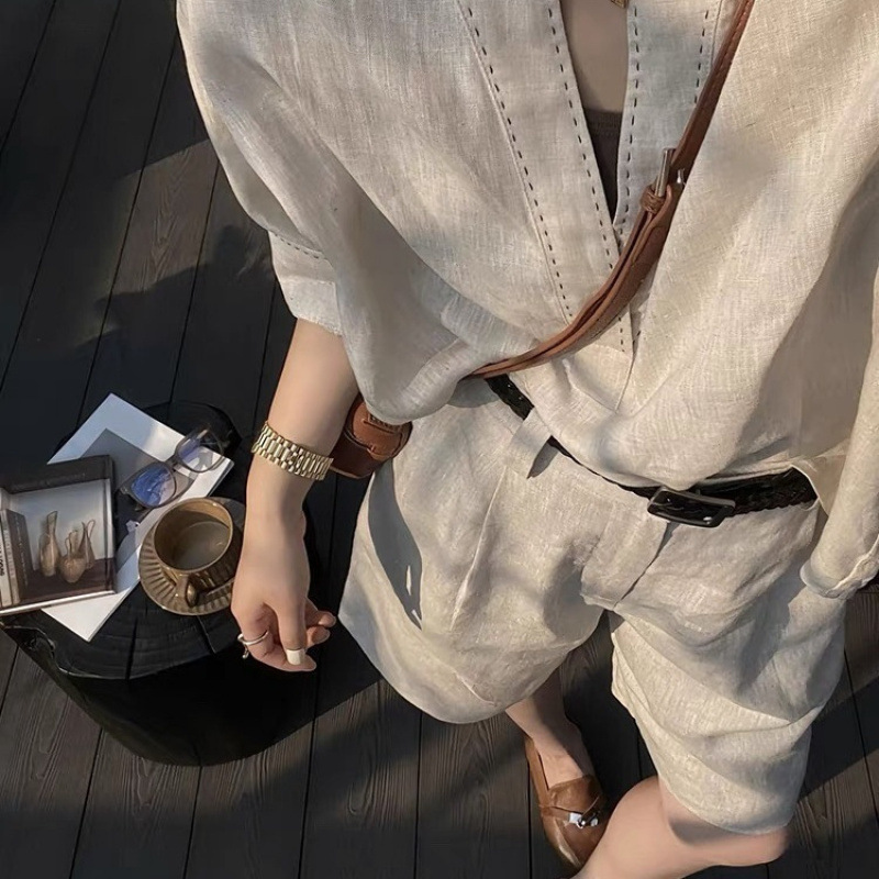 Old Money style beautiful professional outfit shirt linen suit pants for women 2025 Spring ootd Outfit complete set