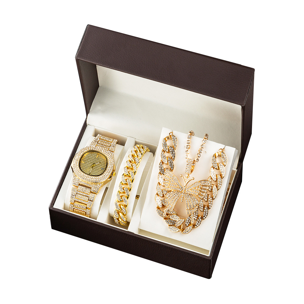 3 piezas reloj mujer accesorios set caja regalo europa américa exageración cuba cadena mariposa collar adornos full diamond relojes Item Picture