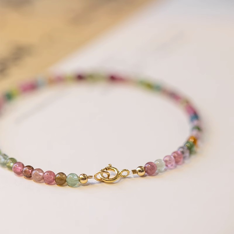 3mm candy round bead tourmaline bracelet, single-ring natural crystal bracelet, fashionable and versatile women's colored crystal jewelry wholesale Specification image
