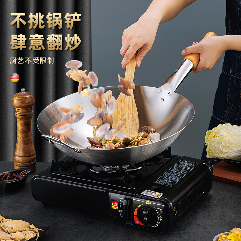 Non-magnetic stainless steel wooden-handled wok, single-handled steel wok, stir-frying wok, round-bottom wok, restaurant commercial chef's ladle, stir-frying wok