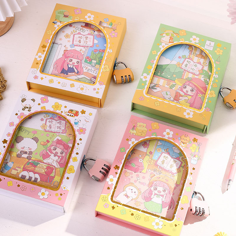 Thousand Yu Culture Password Book With Lock Notebook Cute Girl Heart Notepad Cartoon Password Book Thick Portable Record Manual Book details Picture