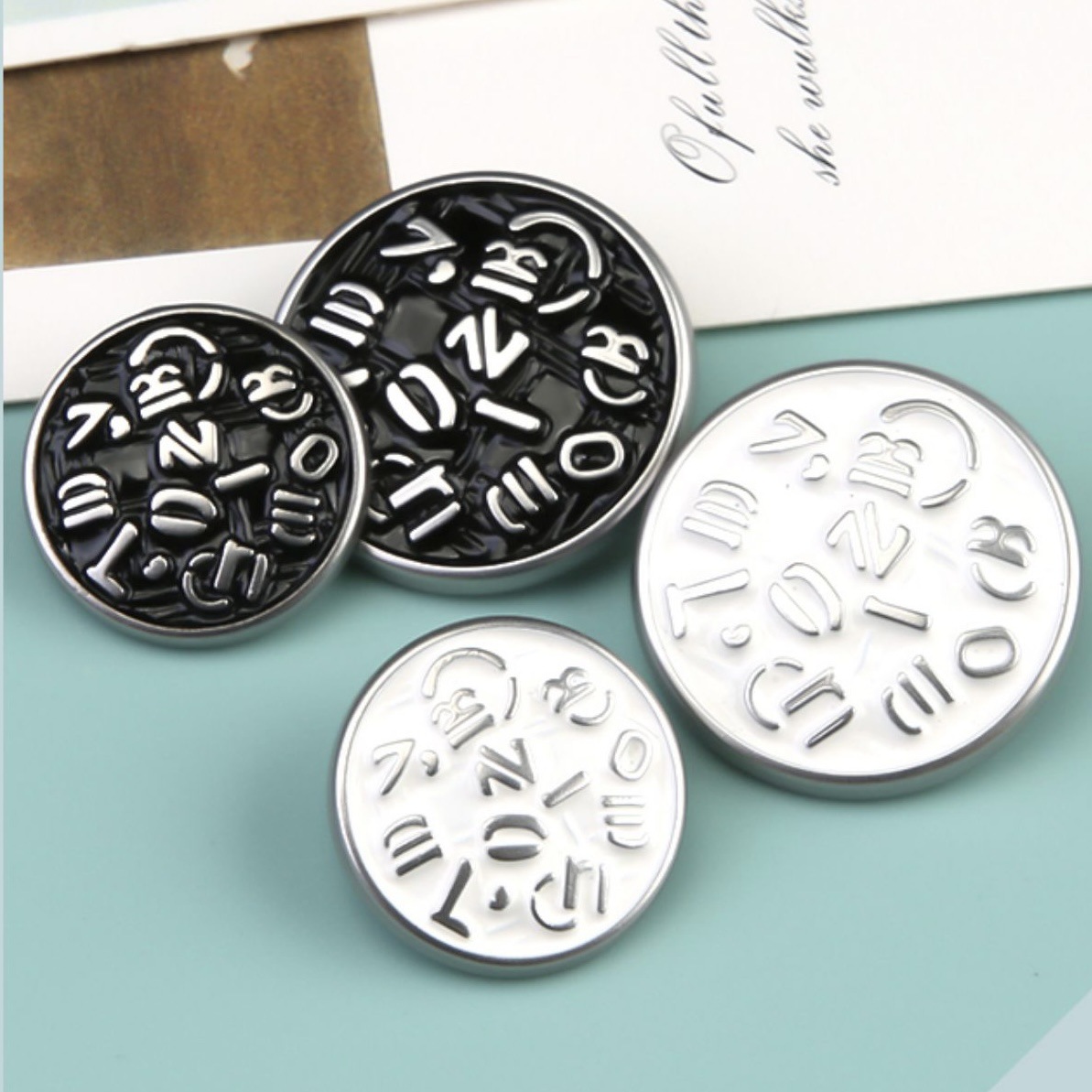 Fashion Letter Metal Buttons Black And White Round Buttons Small French Style Suit Jacket Knit Sweater Buttons details Picture
