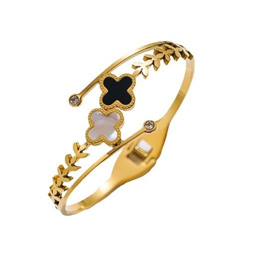 【 All-titanium Steel 】 European and American cross-border diamond-encrusted mother-of-pearl bracelet with spring opening and four-leaf clover personalized jewelry that does not fade Item Picture
