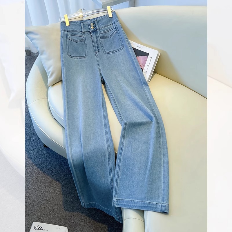 浅蓝色阔腿牛仔裤女秋季2025新款今年流行的垂感显瘦宽松直筒裤子