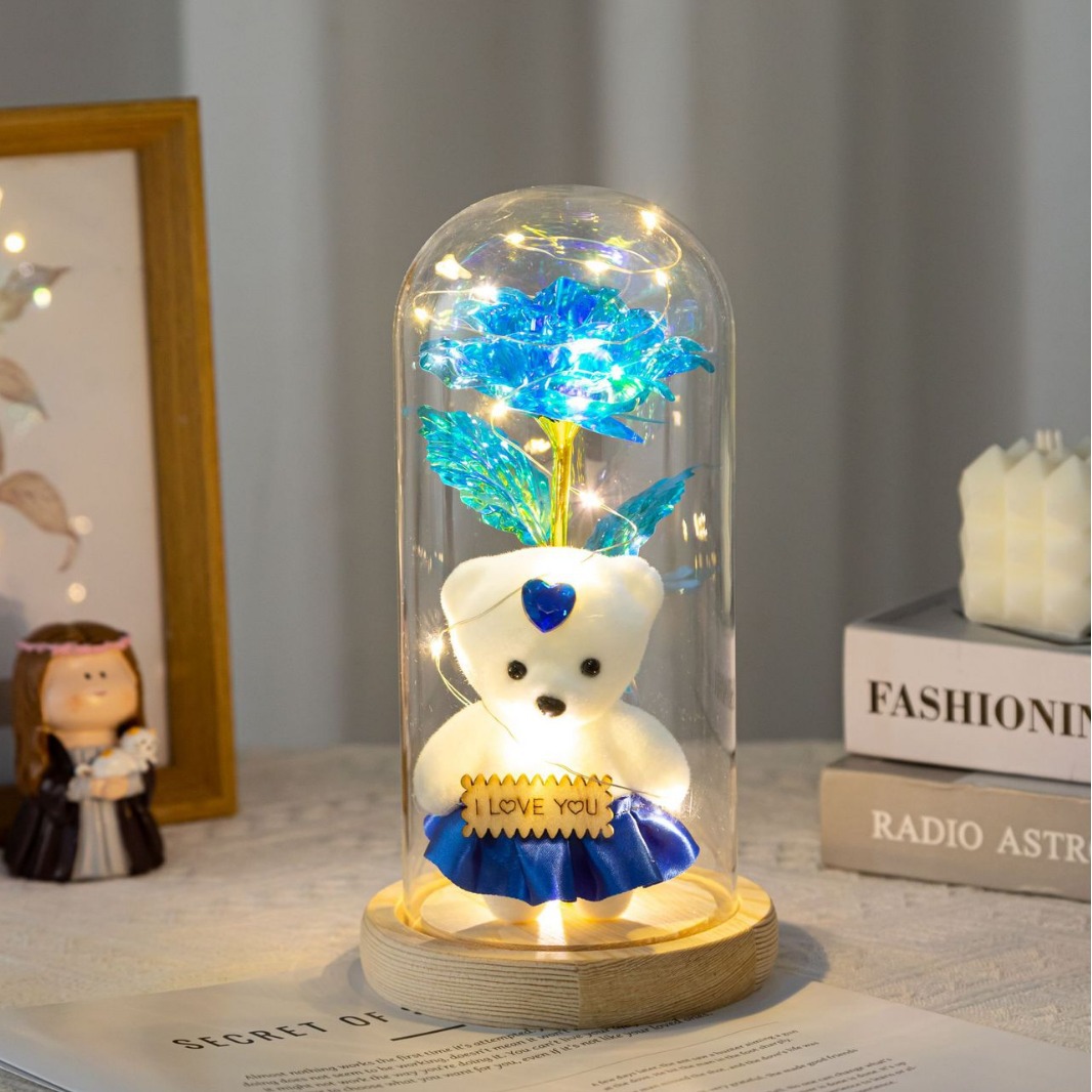 玻璃罩玫瑰花仿真摆母亲节礼物金箔花泡沫熊灯发光装饰品创意摆件白底实物图