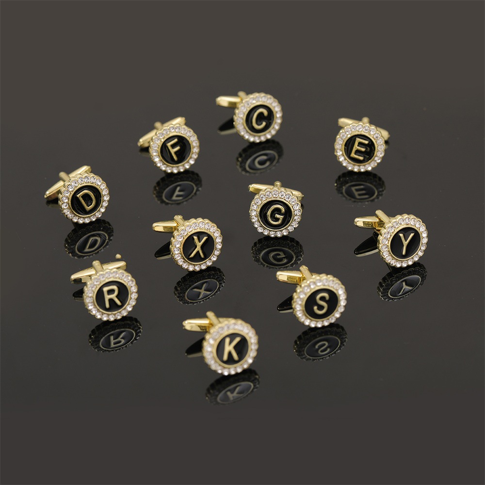 大写字母袖扣圆形镶钻袖钉合金滴油男士衬衫扣26英文字母A-Z配饰产品图