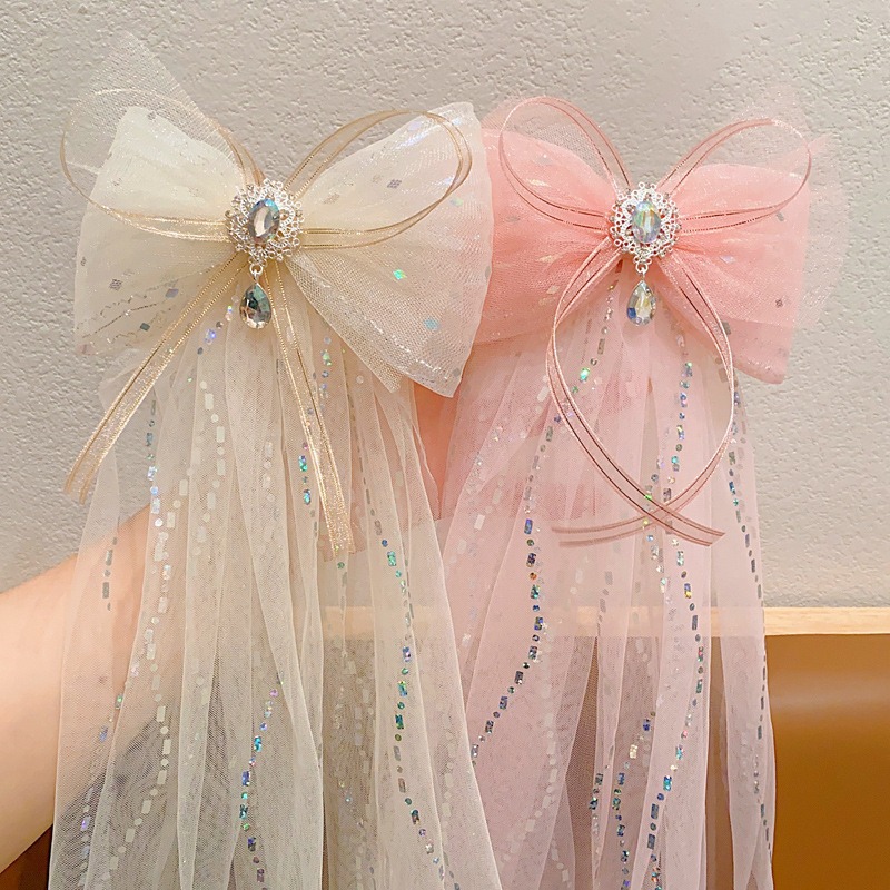 Children's Hair Clip Girls Super Fairy Diamond Bow Float Hair Clip Baby Long Streamer Headpiece Little Girl Hair Clip Specification drawing