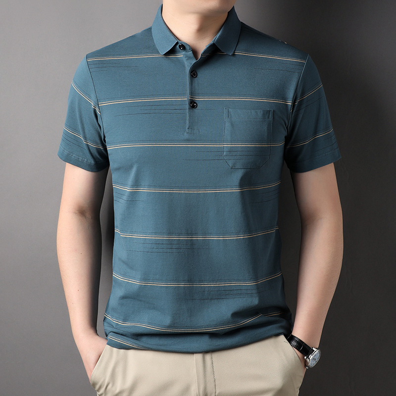 Striped T-shirt lapel 2023 summer new collection, a pure cotton short-sleeved antibacterial sweat-absorbing mini shirt for young and middle-aged men
