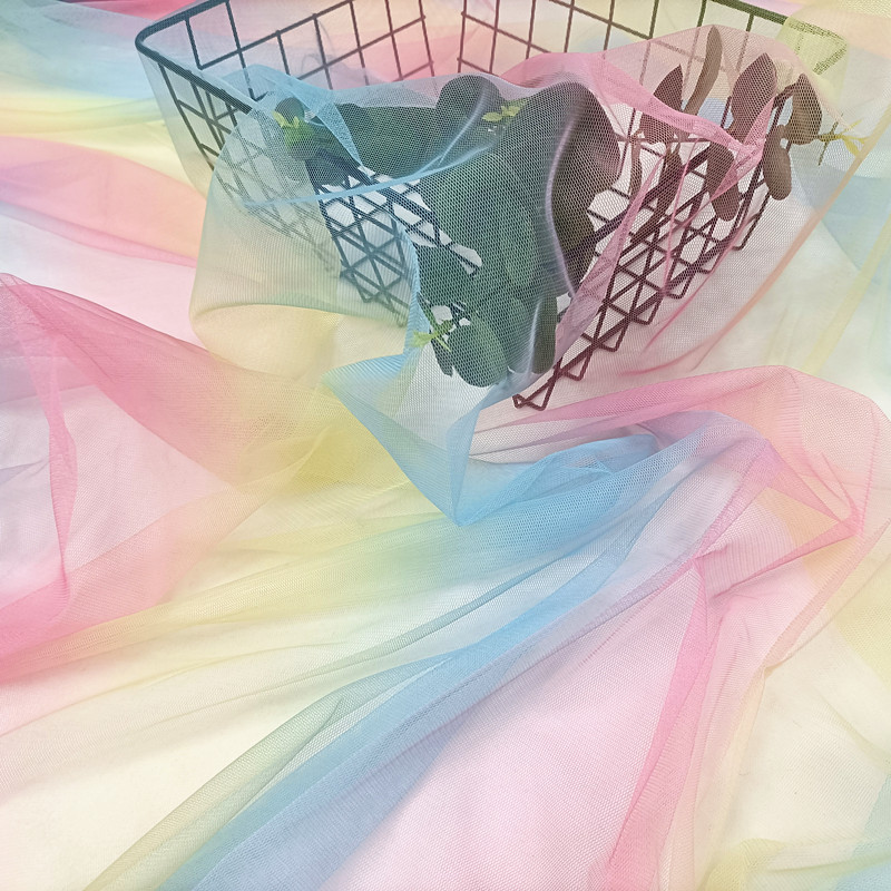 Gradient rainbow mesh printed fabric hexagonal mesh fabric for girls and children's dress, Frozen doll gauze headwear details Picture