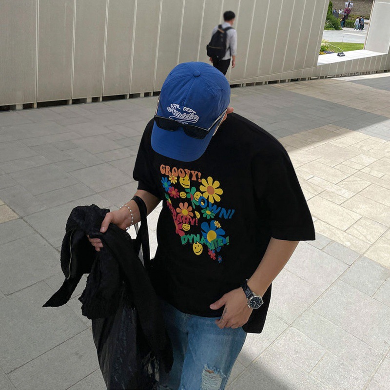 MYQ小众花朵印花T恤男夏季宽松纯棉短袖韩版潮流设计感圆领半袖