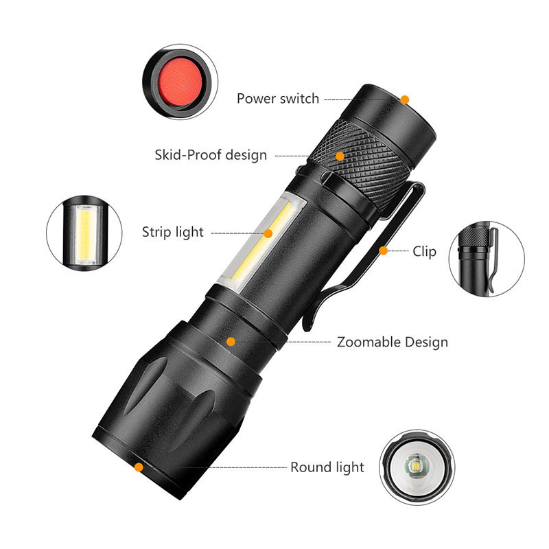 Cross-border exclusive USB charging flashlight, strong light rechargeable, telescopic zoom, aluminum alloy with pen clip details Picture