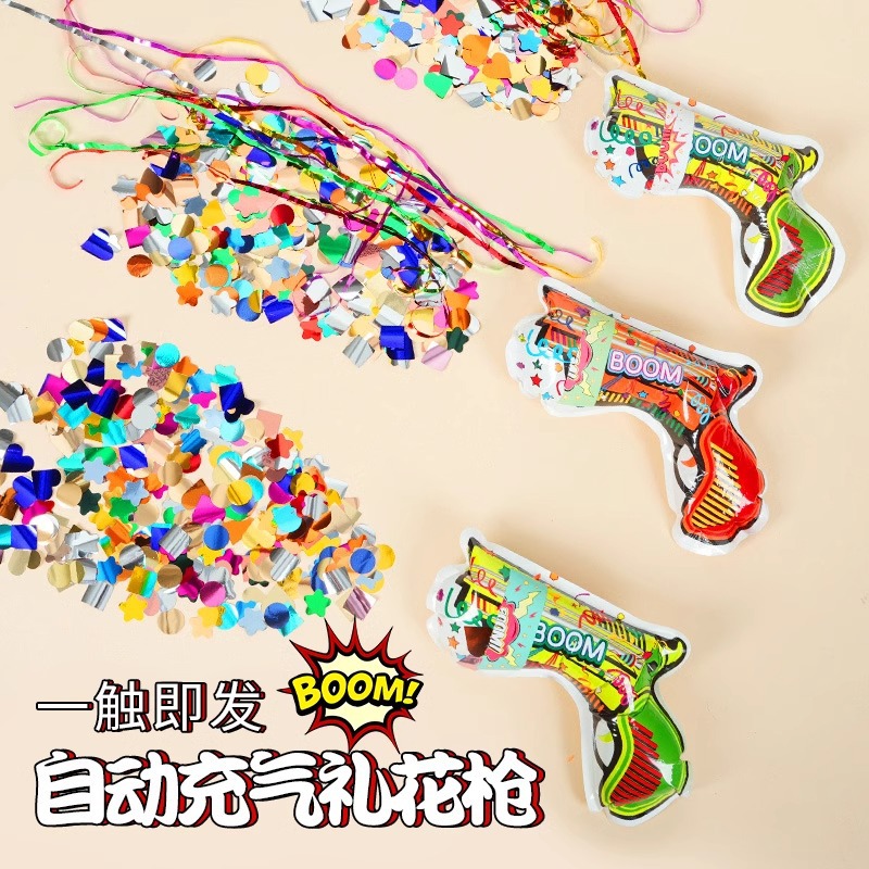 Automatic inflatable firework gun, birthday atmosphere prop, fireworks, wedding handheld firework gun, creative spray flower tube, ribbons details Picture