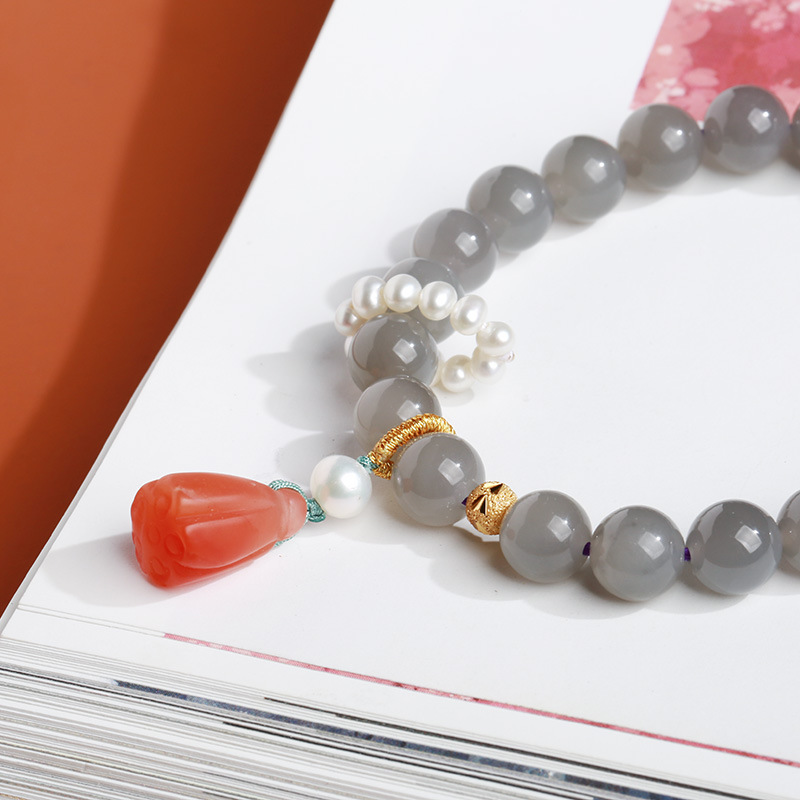 Natural 8MM smoky purple Hetian jade round bead bracelet, women's Salt Source Two Lives Happy Lotus pod bracelet, best friend gift wholesale Specification image