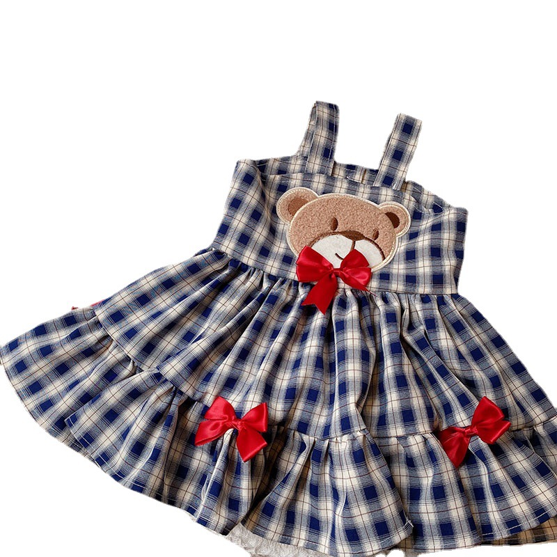Summer new children's stylish checkered bear dress for girls, baby vest and princess dress Item Picture