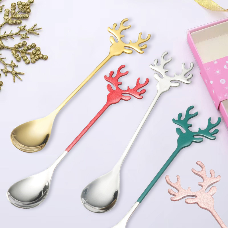 Creative Deer Head stainless steel coffee spoon Japanese and Korean dessert small spoon Christmas holiday gift spoon with cup mixing spoon full figure