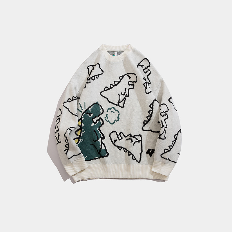 Cartoon round-neck sweater men's fashion brand autumn/Winter 2022 new ins loose Japanese dinosaur couple knitted sweater sweater sweater Specification image