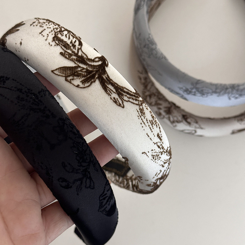 New Premium Satin Grey Champagne National Style Velvet Print Fine Sponge Headband Elegant Temperament Headband Specification drawing