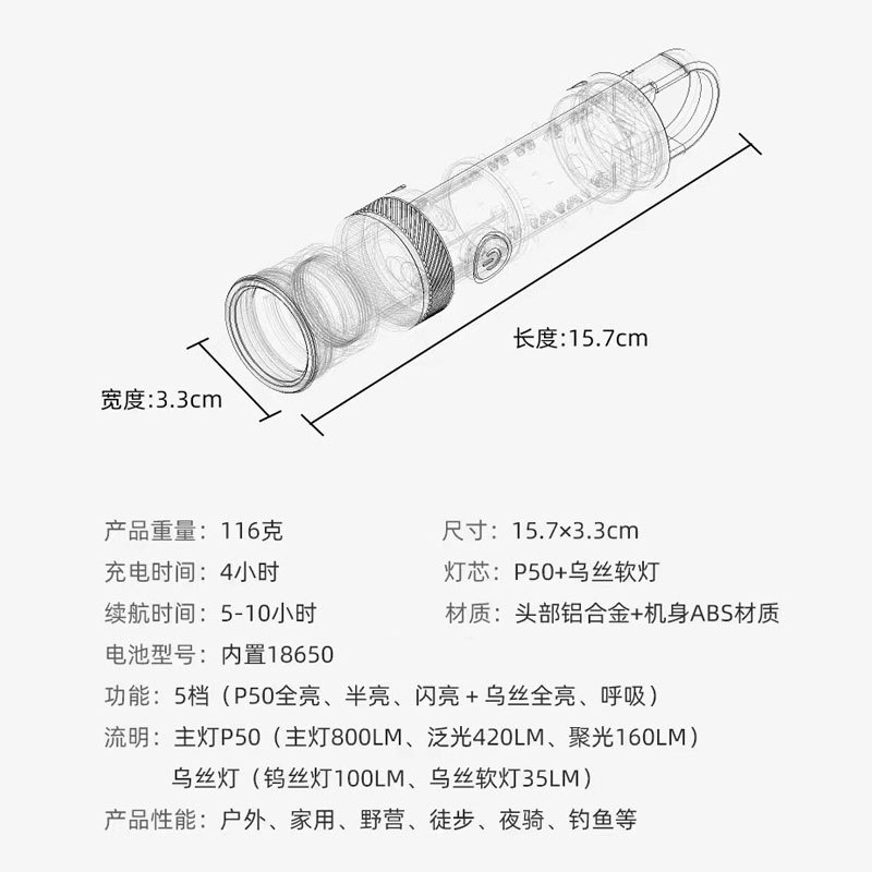 New LED+ tungsten filament flashlight, multi-functional camping atmosphere light, camping outdoor retractable zoom strong light flashlight, camping light, camping trolley shopping cart, outdoor light, retro rechargeable light, outdoor details Picture
