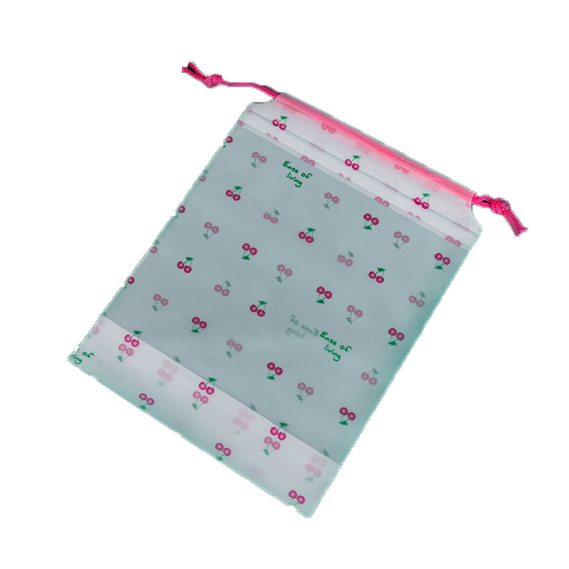 Small Cherry Drawstring Pocket Children's Towel Hat Sock Bag Pink Printed Translucent Frosted Bag Item Picture