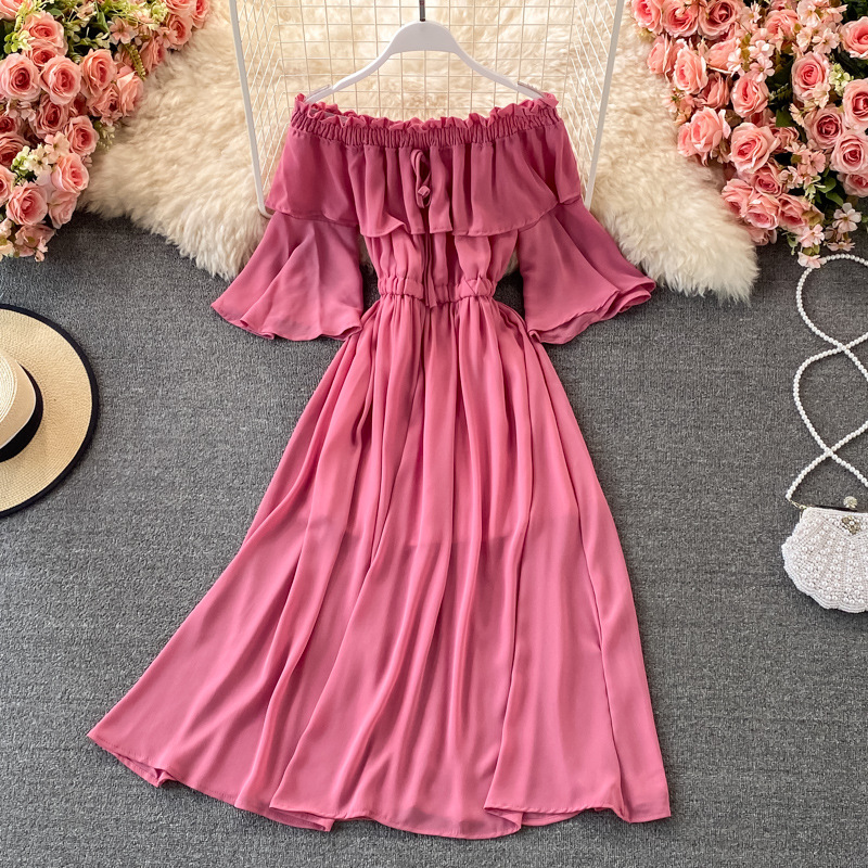 chiffon dress flared sleeve one-shoulder long dress Specification drawing