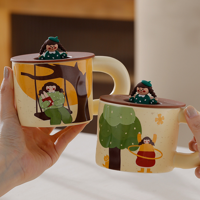 可爱杯子带盖创意马克杯陶瓷杯复古女孩水杯家用潮流早餐杯咖啡杯细节图