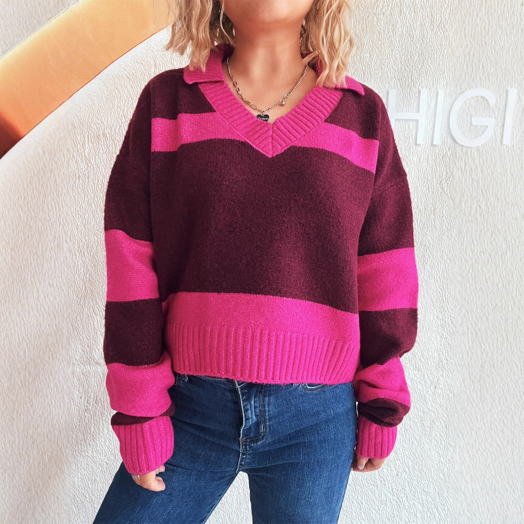 2025 Cross-border Amazon Autumn/Winter New contrasting color striped knitted sweater, lapel commuter long-sleeved women's pullover Specification image
