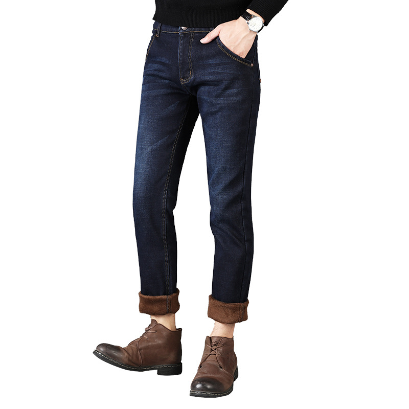 Winter fleece jeans, stretch loose straight-leg trousers, youth casual thickened warm men's trousers, versatile men's wear Item Picture