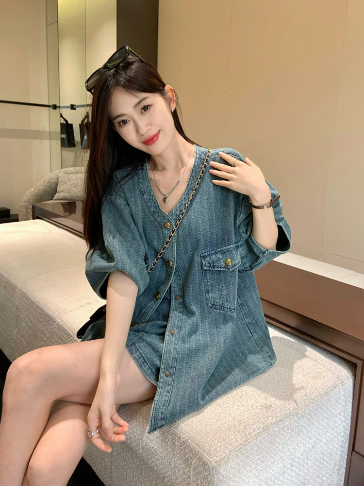 Loose denim suit women's short jacket top for summer 2023 new style wide-leg short pants fashion two-piece set Specification image