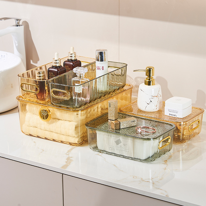 PET high appearance level transparent storage box for bathroom, living room and bedroom, home creative light luxury cosmetics storage full figure