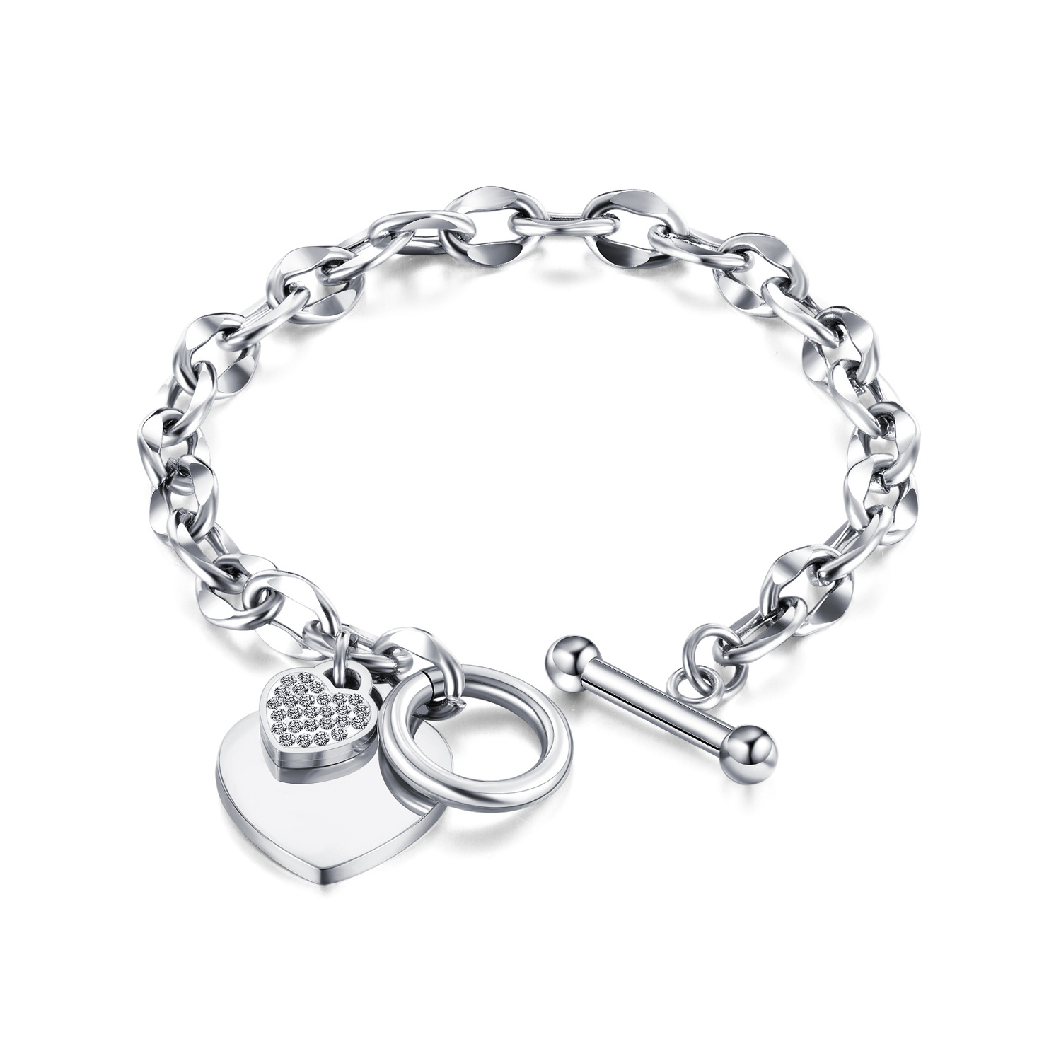 OPK Accessories wholesale: European and American fashion ins heart-shaped stainless steel jewelry, personalized OT buckle, high-end titanium steel bracelet for women Item Picture