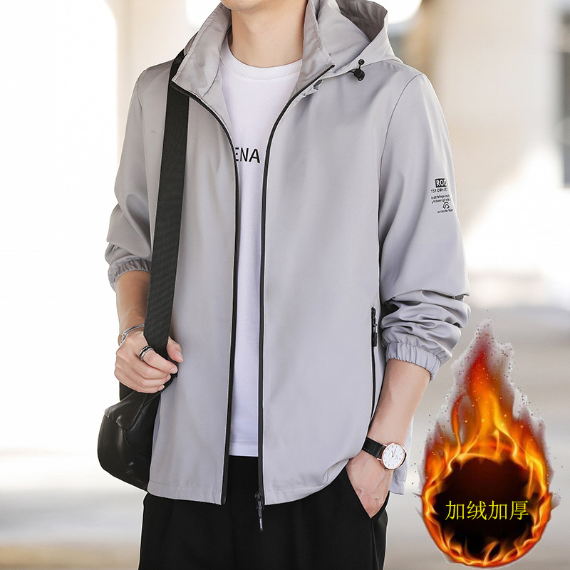 Fleece hooded jacket for men, 2022 autumn and winter casual youth hooded windbreaker for men, workwear stand-up collar men's coat details Picture