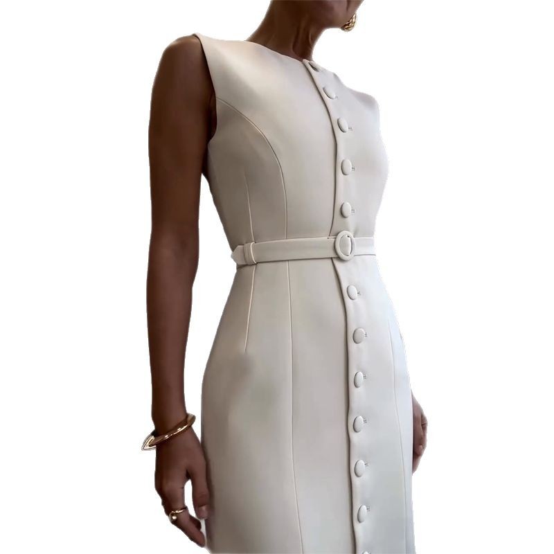 A new summer 2025 Amazon cross-border women's dress in solid color, round neck, sleeveless, single-breasted and multi-button style Item Picture